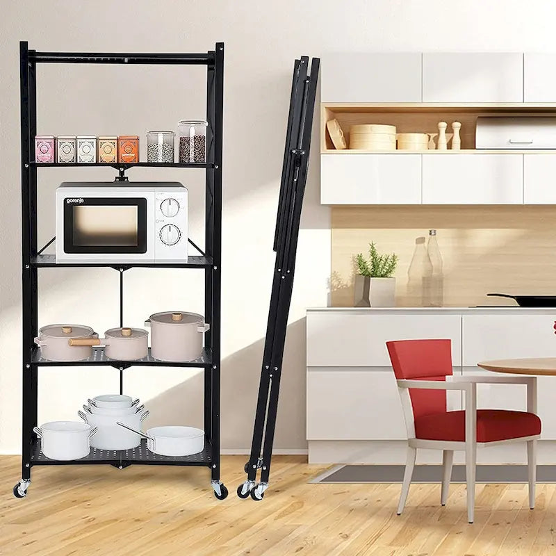 Étagère de rangement pliable en métal robuste à 5 niveaux noire avec roulettes
