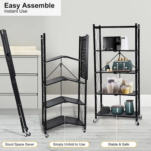 Étagère de rangement pliable en métal robuste à 5 niveaux noire avec roulettes