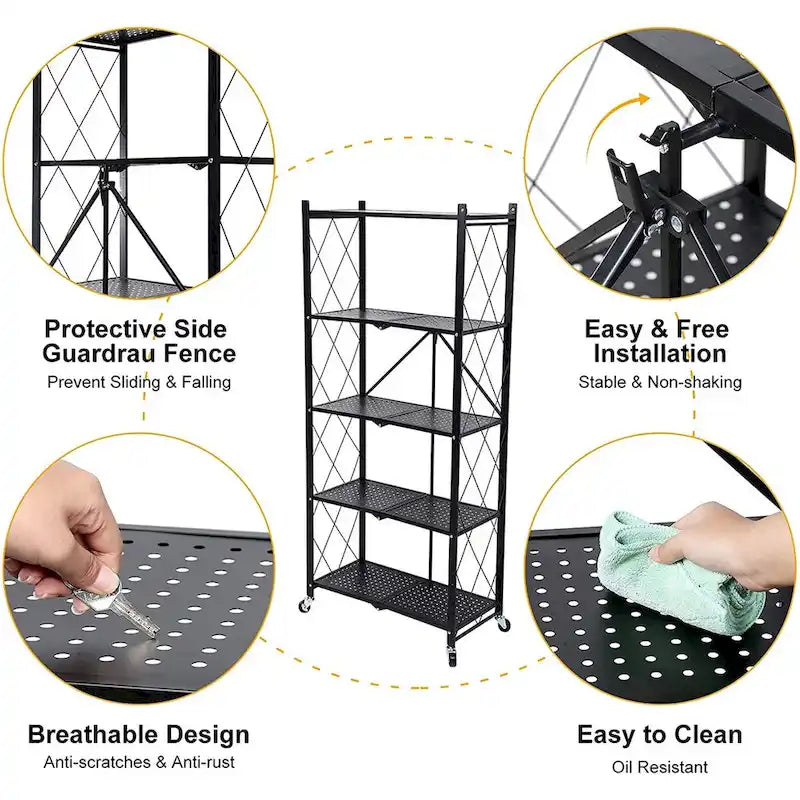 Étagère de rangement pliable en métal robuste à 5 niveaux noire avec roulettes
