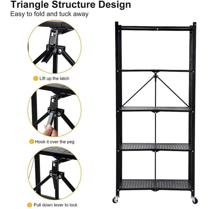 Étagère de rangement pliable en métal robuste à 5 niveaux noire avec roulettes