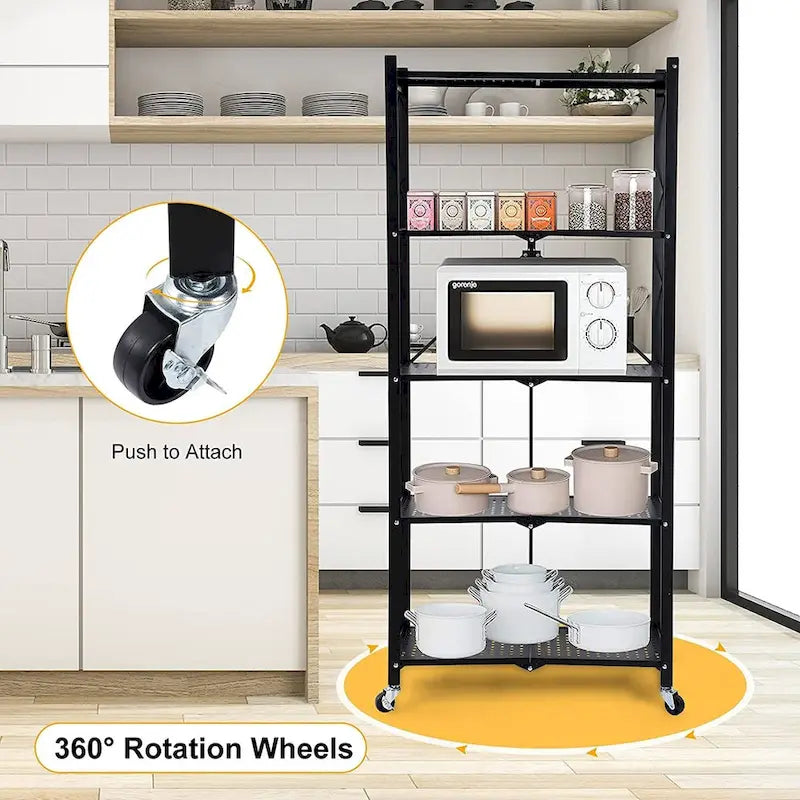Étagère de rangement pliable en métal robuste à 5 niveaux noire avec roulettes