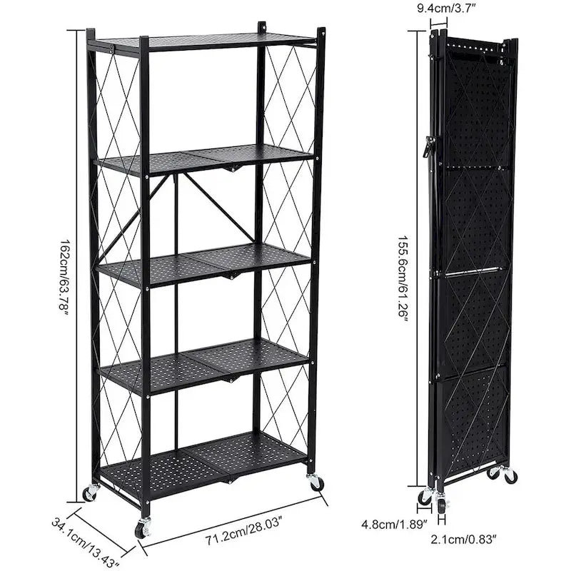 Étagère de rangement pliable en métal robuste à 5 niveaux noire avec roulettes