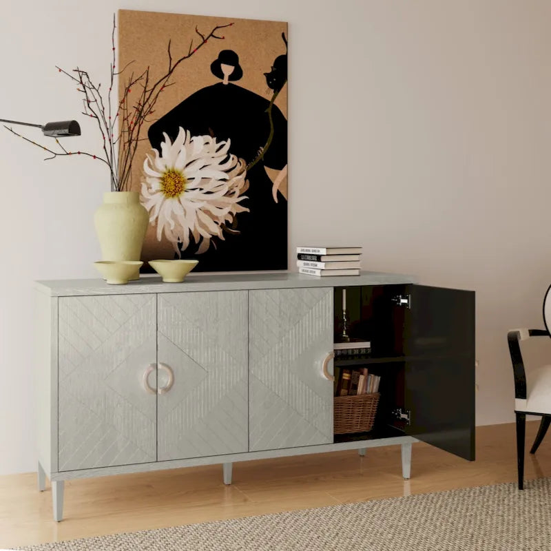 Meuble de rangement 4 portes élégant et fonctionnel avec pieds en pin et MDF, pour salon, chambre et cuisine.