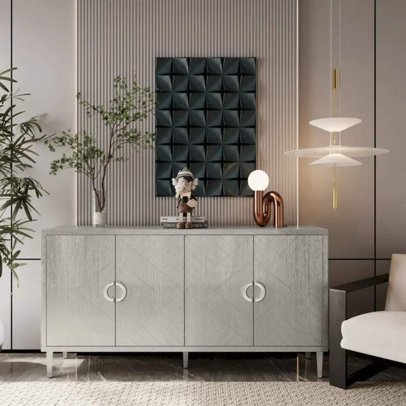 Meuble de rangement 4 portes élégant et fonctionnel avec pieds en pin et MDF, pour salon, chambre et cuisine.