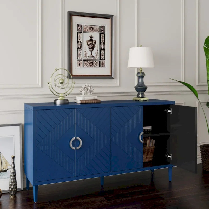 Meuble de rangement 4 portes élégant et fonctionnel avec pieds en pin et MDF, pour salon, chambre et cuisine.