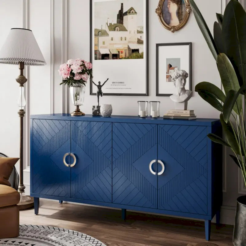 Meuble de rangement 4 portes élégant et fonctionnel avec pieds en pin et MDF, pour salon, chambre et cuisine.