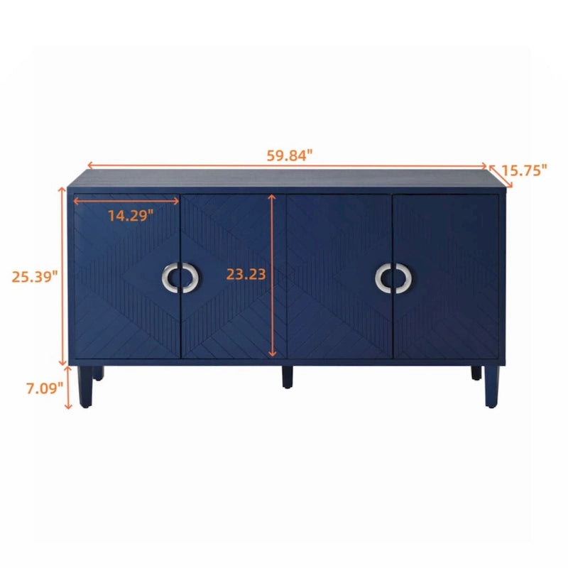 Meuble de rangement 4 portes élégant et fonctionnel avec pieds en pin et MDF, pour salon, chambre et cuisine.