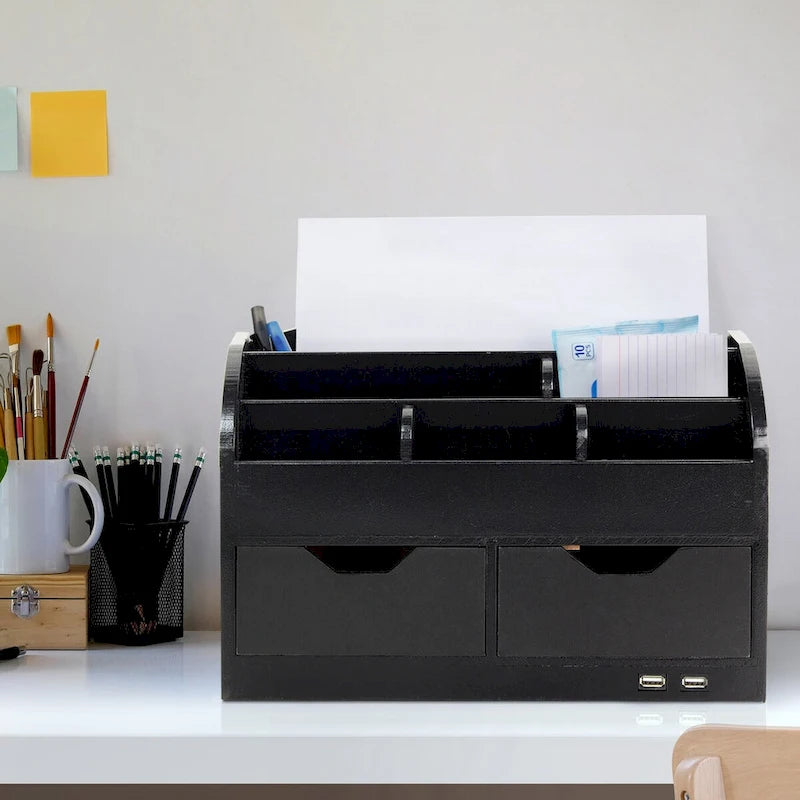 Organisateur de bureau tout-en-un 8 compartiments avec chargeur USB - Noir