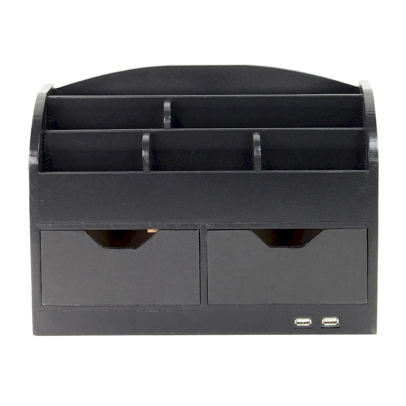 Organisateur de bureau tout-en-un 8 compartiments avec chargeur USB - Noir