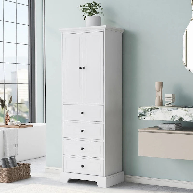 Meuble de rangement avec 2 portes et 4 tiroirs pour salle de bain, bureau, étagère réglable, panneau MDF avec finition peinte