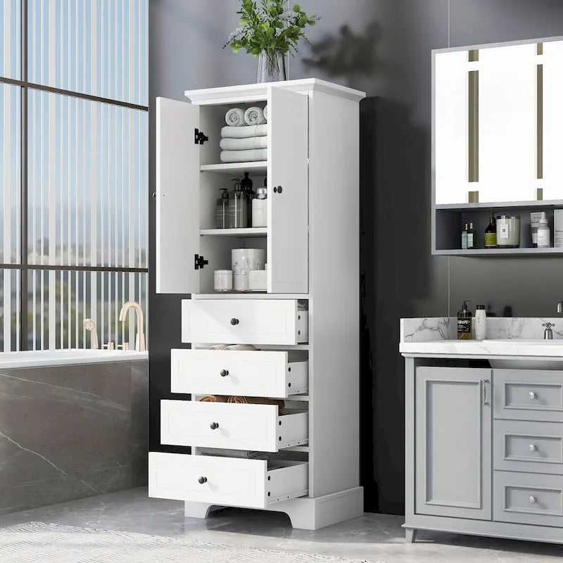 Meuble de rangement avec 2 portes et 4 tiroirs pour salle de bain, bureau, étagère réglable, panneau MDF avec finition peinte