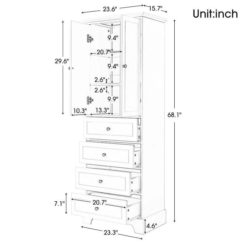 Meuble de rangement avec 2 portes et 4 tiroirs pour salle de bain, bureau, étagère réglable, panneau MDF avec finition peinte