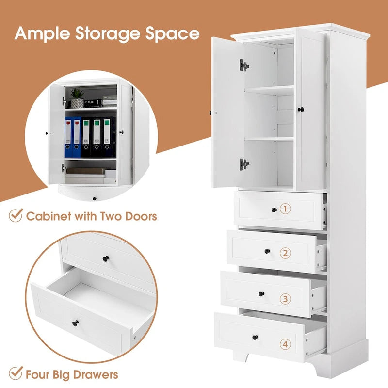 Meuble de rangement avec 2 portes et 4 tiroirs pour salle de bain, bureau, étagère réglable, panneau MDF avec finition peinte