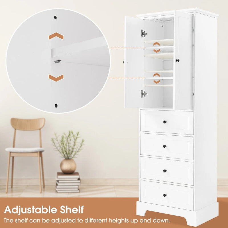 Meuble de rangement avec 2 portes et 4 tiroirs pour salle de bain, bureau, étagère réglable, panneau MDF avec finition peinte