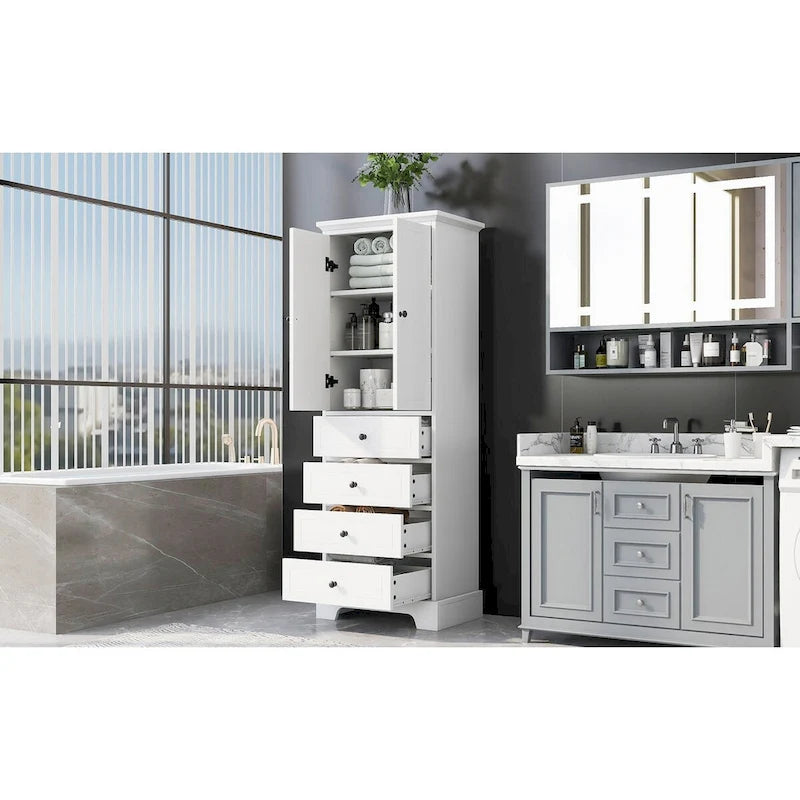 Meuble de rangement avec 2 portes et 4 tiroirs pour salle de bain, bureau, étagère réglable, panneau MDF avec finition peinte
