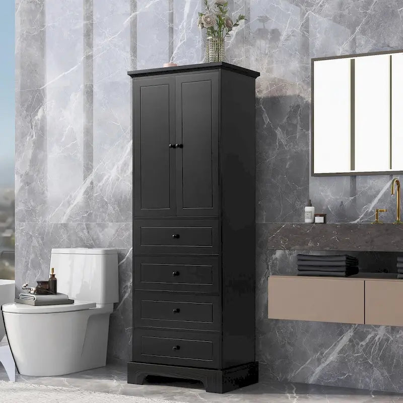 Meuble de rangement avec 2 portes et 4 tiroirs pour salle de bain, bureau, étagère réglable, panneau MDF avec finition peinte