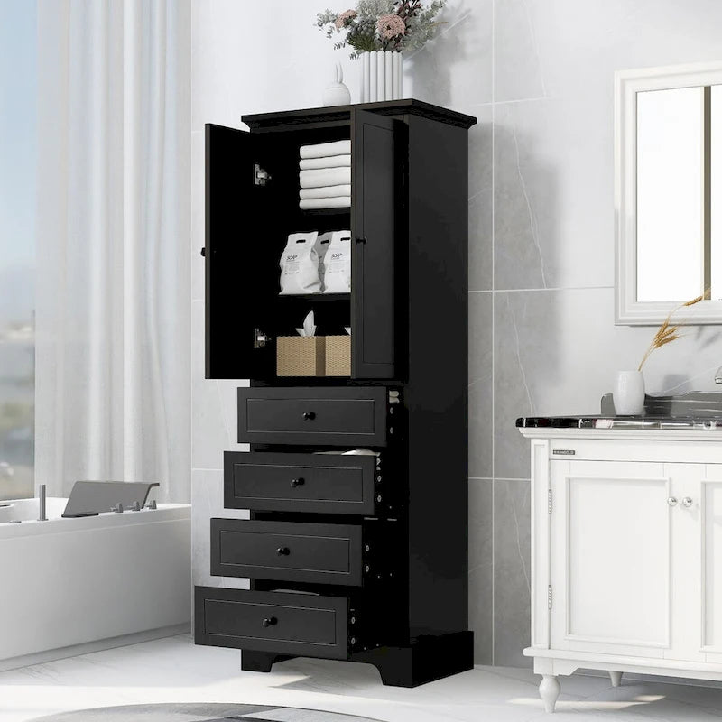 Meuble de rangement avec 2 portes et 4 tiroirs pour salle de bain, bureau, étagère réglable, panneau MDF avec finition peinte