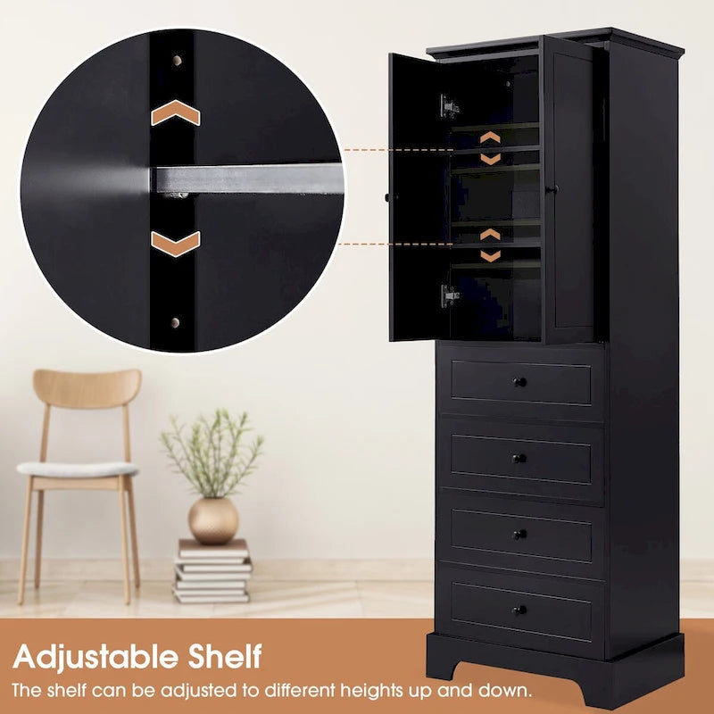 Meuble de rangement avec 2 portes et 4 tiroirs pour salle de bain, bureau, étagère réglable, panneau MDF avec finition peinte