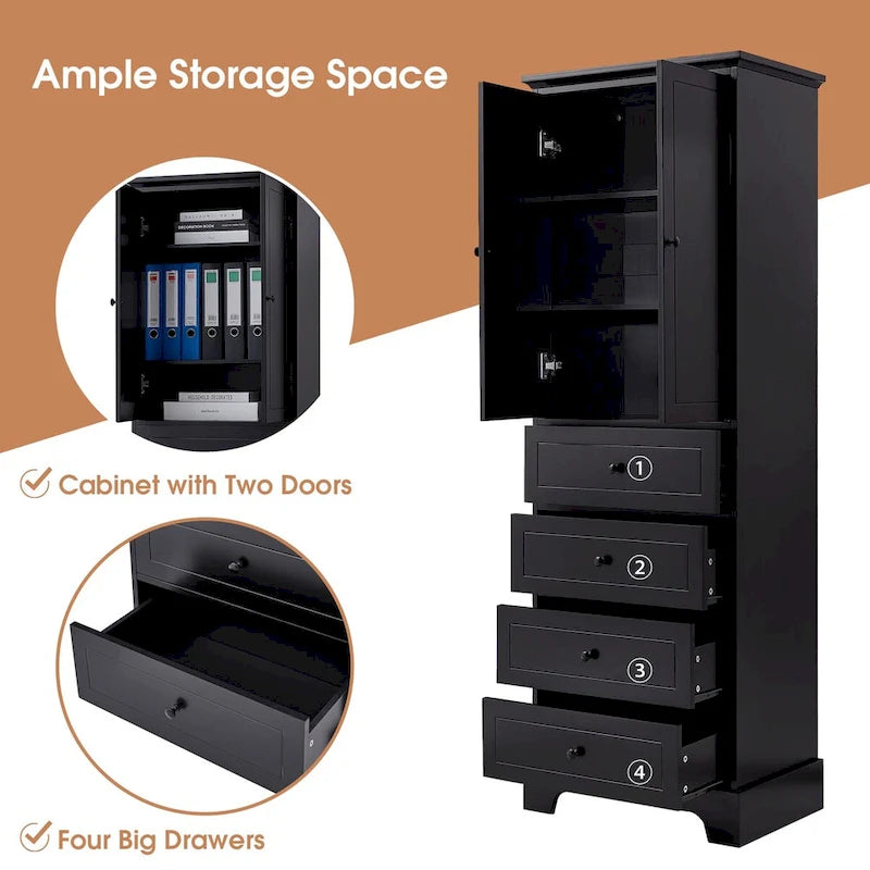 Meuble de rangement avec 2 portes et 4 tiroirs pour salle de bain, bureau, étagère réglable, panneau MDF avec finition peinte