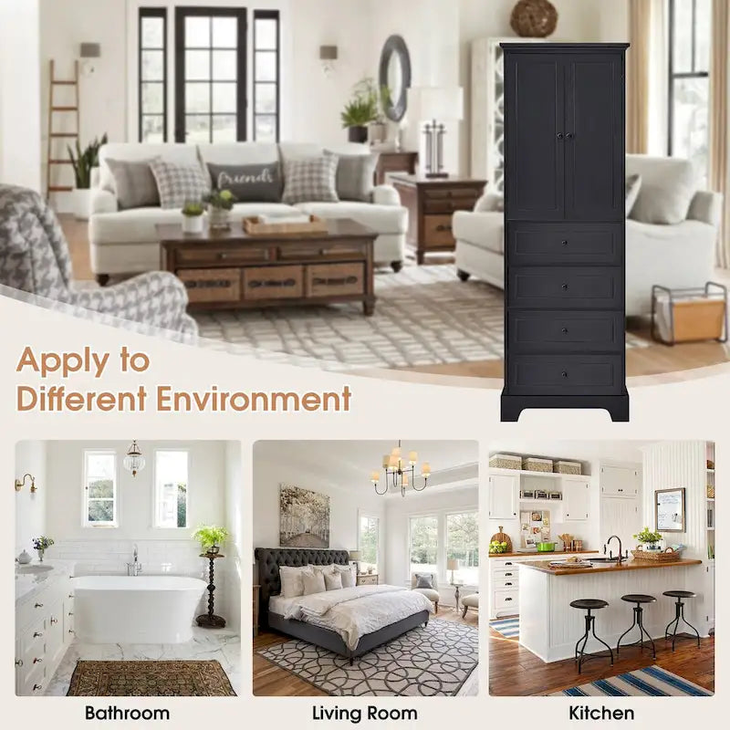 Meuble de rangement avec 2 portes et 4 tiroirs pour salle de bain, bureau, étagère réglable, panneau MDF avec finition peinte