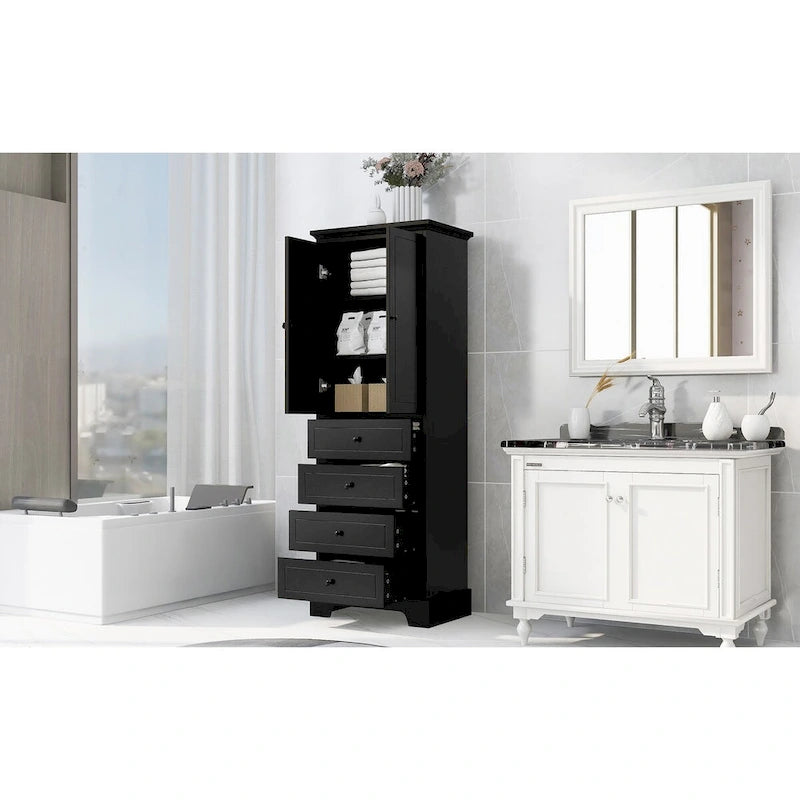 Meuble de rangement avec 2 portes et 4 tiroirs pour salle de bain, bureau, étagère réglable, panneau MDF avec finition peinte