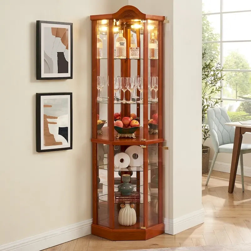 Meuble à vin avec étagères en verre réglables et décorations sculptées