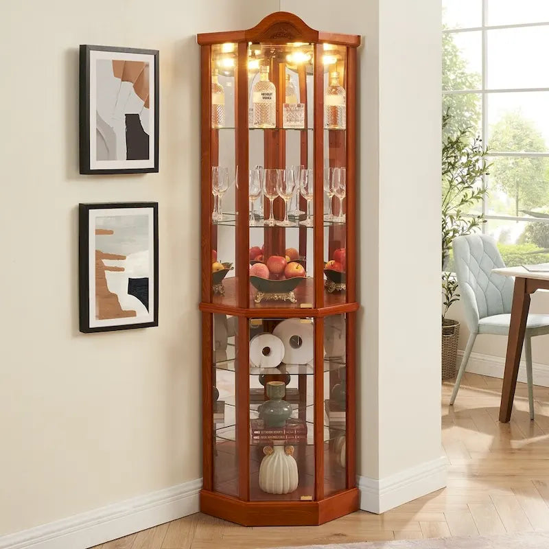 Meuble à vin avec étagères en verre réglables et décorations sculptées