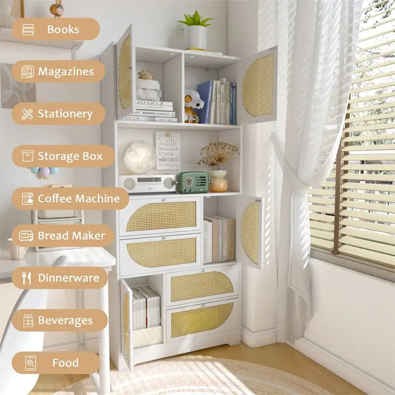 Meuble de rangement avec portes en rotin, Armoire haute sur pieds
