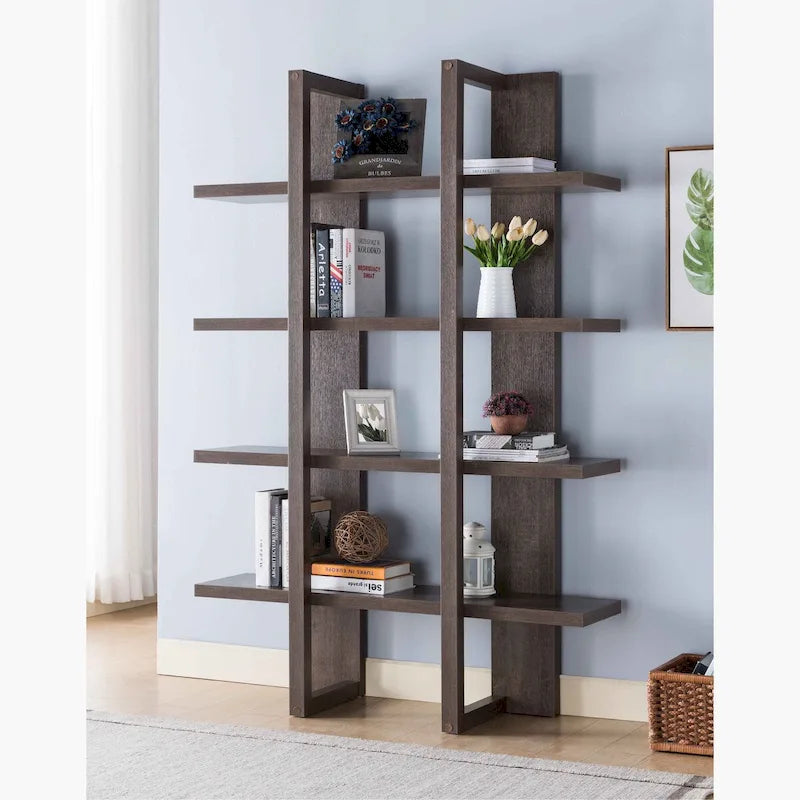 Étagère de rangement à 4 niveaux en bois, bibliothèque haute avec étagères ouvertes - Noyer Chêne