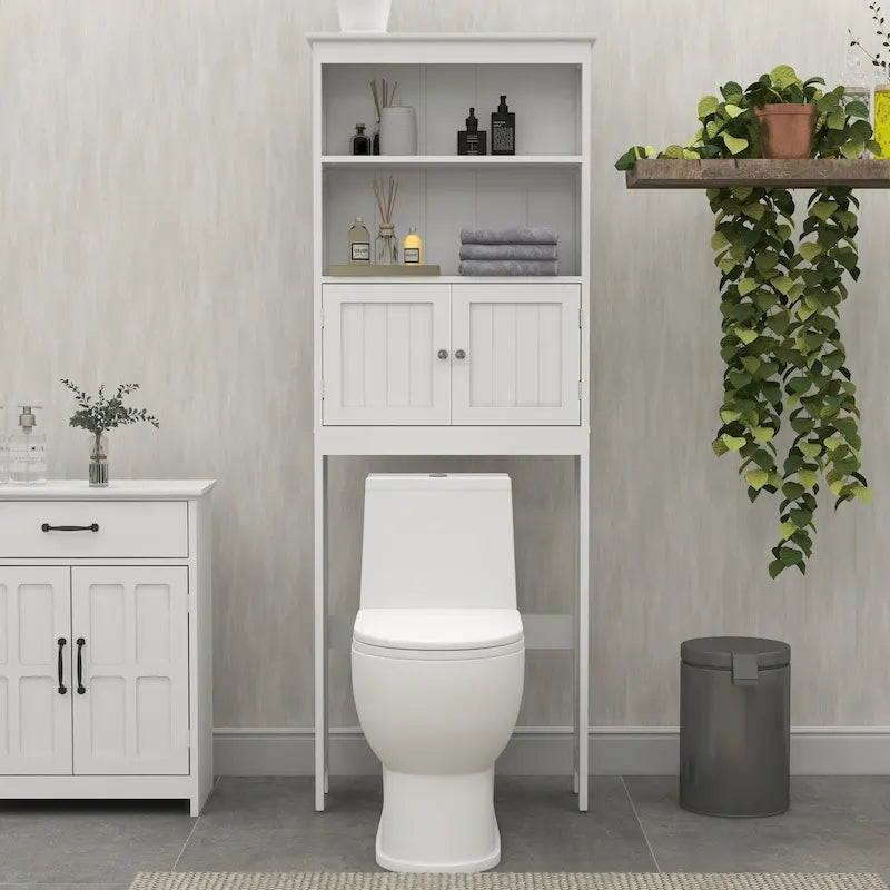 Étagère de rangement 2 niveaux au-dessus des toilettes, meuble de rangement de salle de bain peu encombrant avec 2 portes, organisateur de rangement en bois