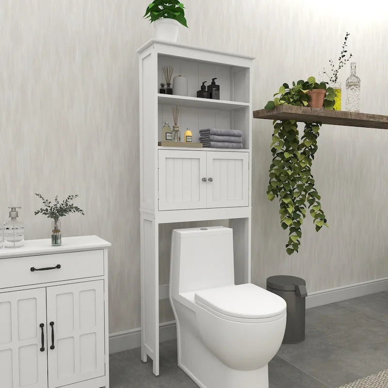 Étagère de rangement 2 niveaux au-dessus des toilettes, meuble de rangement de salle de bain peu encombrant avec 2 portes, organisateur de rangement en bois