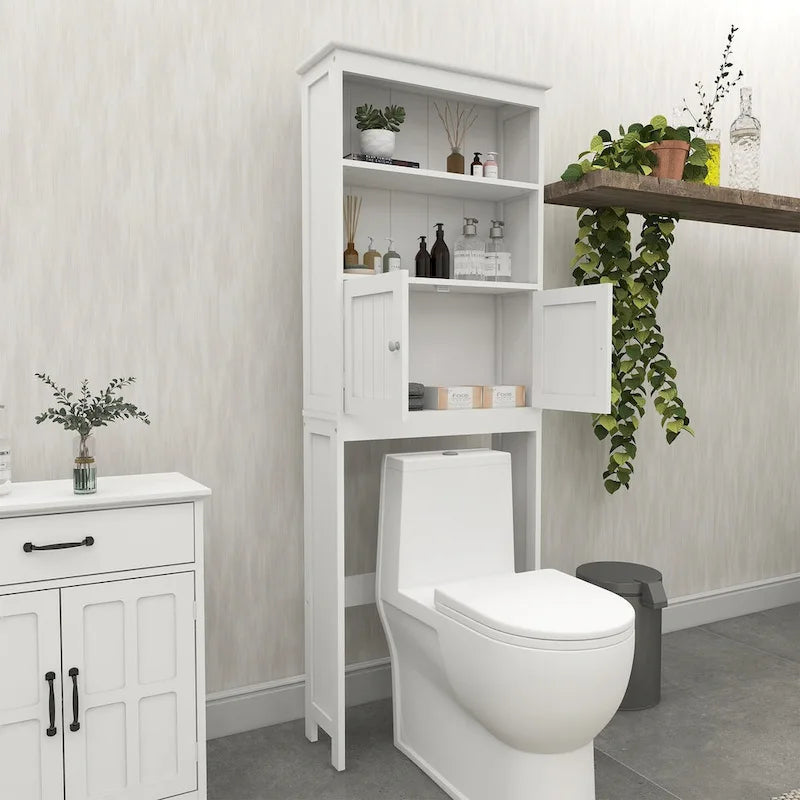 Étagère de rangement 2 niveaux au-dessus des toilettes, meuble de rangement de salle de bain peu encombrant avec 2 portes, organisateur de rangement en bois