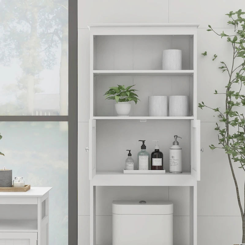 Étagère de rangement 2 niveaux au-dessus des toilettes, meuble de rangement de salle de bain peu encombrant avec 2 portes, organisateur de rangement en bois