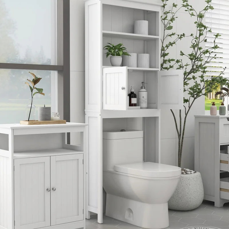 Étagère de rangement 2 niveaux au-dessus des toilettes, meuble de rangement de salle de bain peu encombrant avec 2 portes, organisateur de rangement en bois