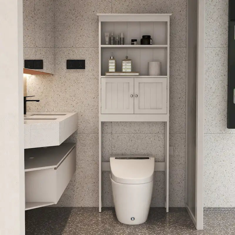 Étagère de rangement 2 niveaux au-dessus des toilettes, meuble de rangement de salle de bain peu encombrant avec 2 portes, organisateur de rangement en bois