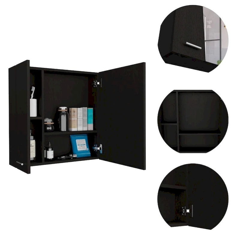 Armoire à pharmacie avec miroir Lexington, trois étagères intérieures, finition wengé noir