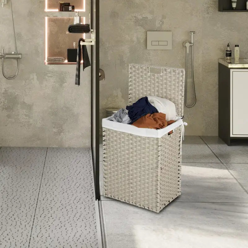 Panier à Linge avec Couvercle Cadre en Rotin PE Laqué avec 02 Sacs Amovibles, 100L, Couleur Grise