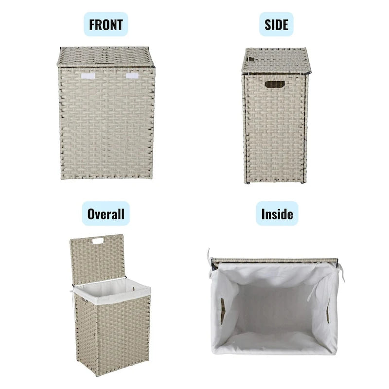 Panier à Linge avec Couvercle Cadre en Rotin PE Laqué avec 02 Sacs Amovibles, 100L, Couleur Grise
