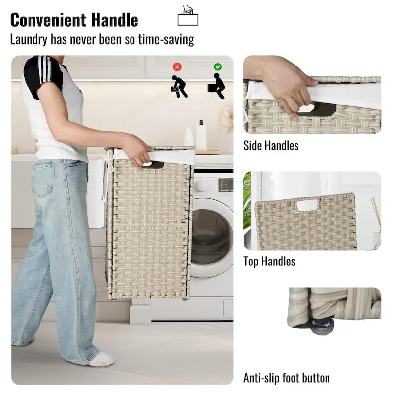 Panier à Linge avec Couvercle Cadre en Rotin PE Laqué avec 02 Sacs Amovibles, 100L, Couleur Grise