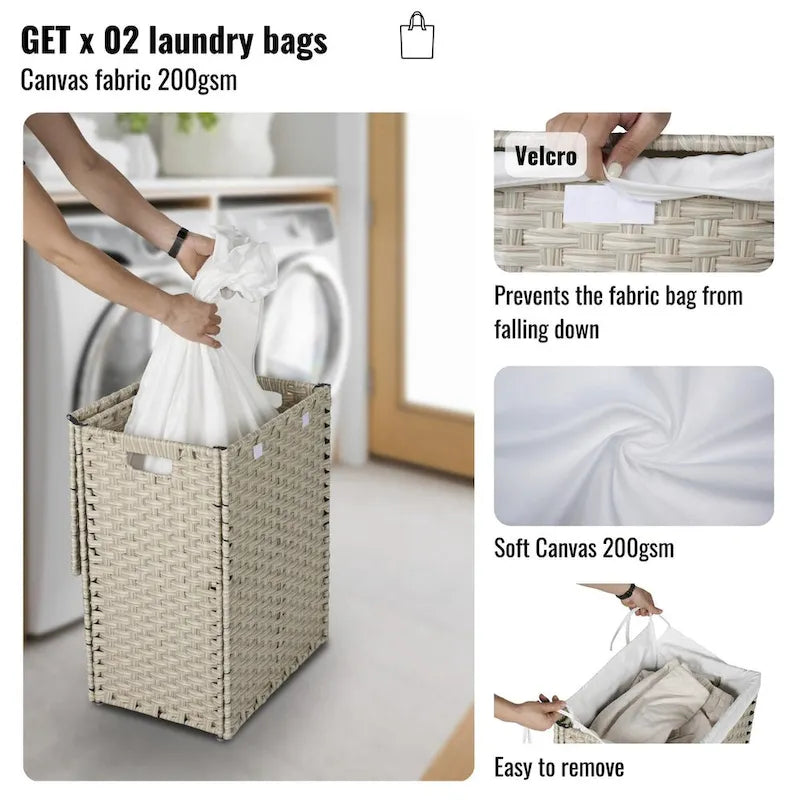 Panier à Linge avec Couvercle Cadre en Rotin PE Laqué avec 02 Sacs Amovibles, 100L, Couleur Grise