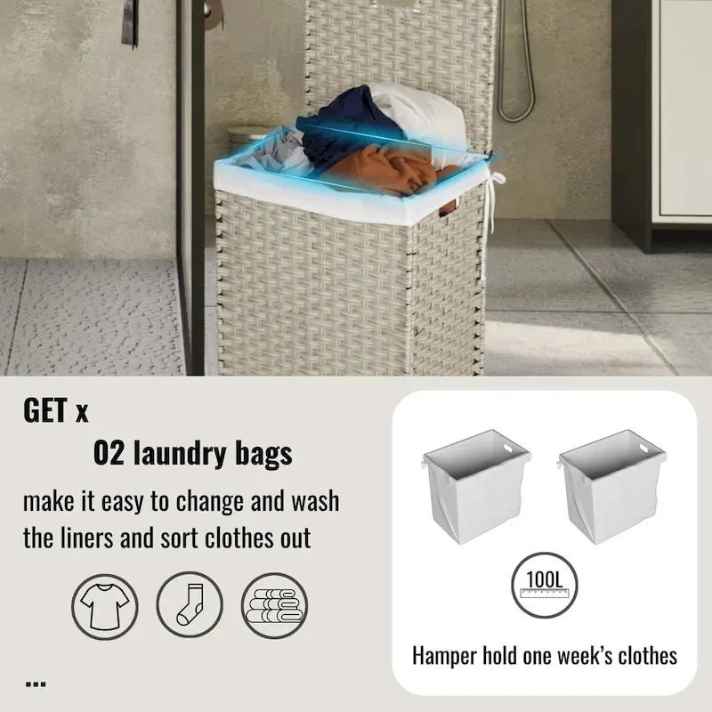 Panier à Linge avec Couvercle Cadre en Rotin PE Laqué avec 02 Sacs Amovibles, 100L, Couleur Grise