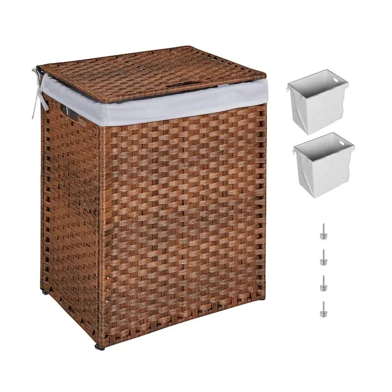 Panier à Linge avec Couvercle Cadre en Rotin PE Laqué avec 02 Sacs Amovibles, 100L, Couleur Grise