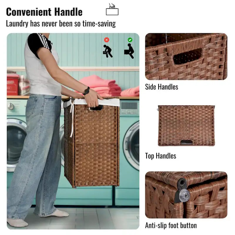 Panier à Linge avec Couvercle Cadre en Rotin PE Laqué avec 02 Sacs Amovibles, 100L, Couleur Grise