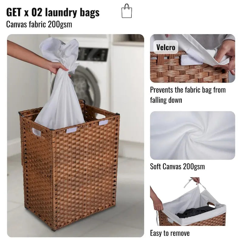 Panier à Linge avec Couvercle Cadre en Rotin PE Laqué avec 02 Sacs Amovibles, 100L, Couleur Grise