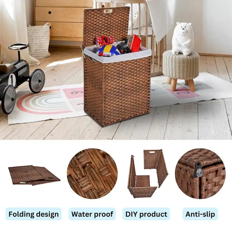Panier à Linge avec Couvercle Cadre en Rotin PE Laqué avec 02 Sacs Amovibles, 100L, Couleur Grise