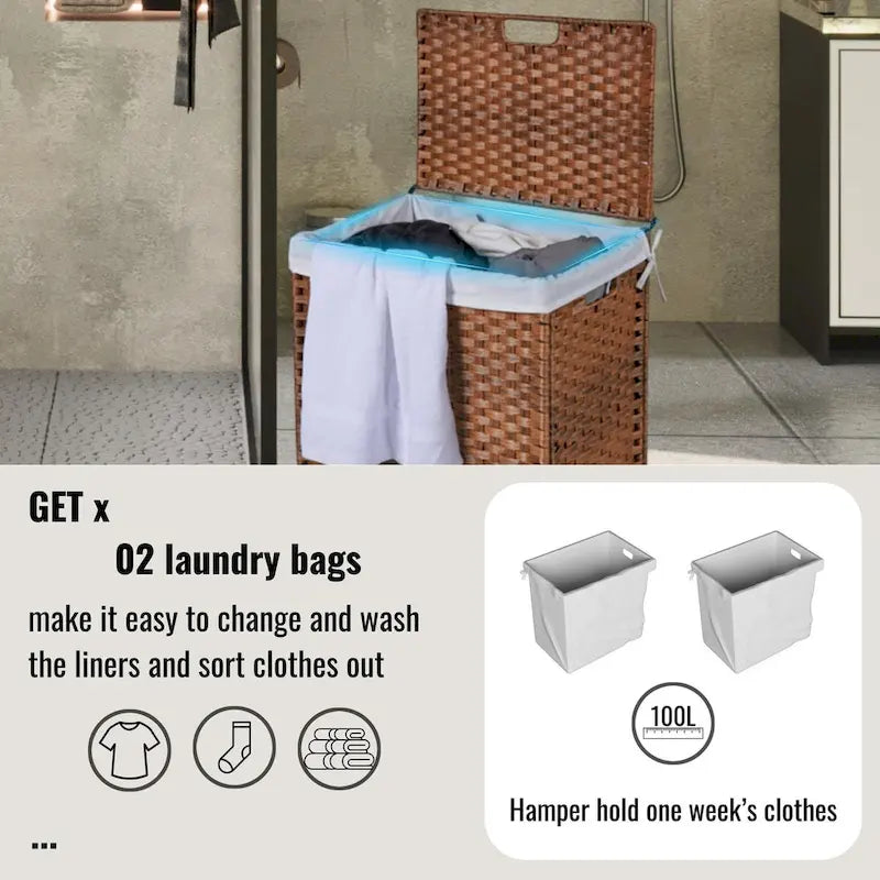 Panier à Linge avec Couvercle Cadre en Rotin PE Laqué avec 02 Sacs Amovibles, 100L, Couleur Grise