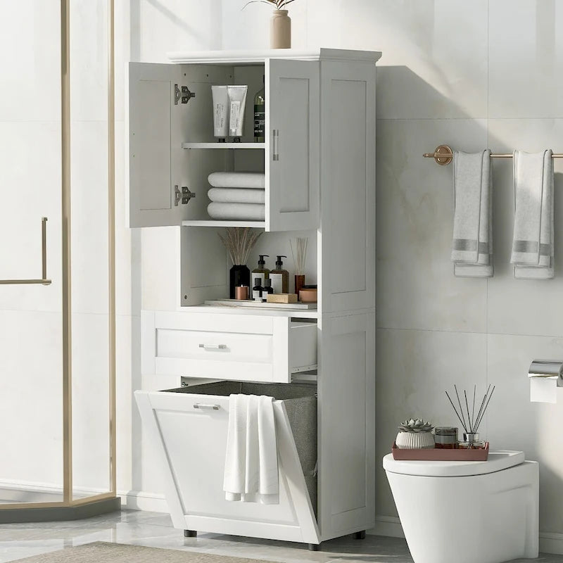 Meuble haut de salle de bain avec panier à linge, Grand espace de rangement, panier à linge inclinable et meuble de rangement supérieur, Blanc