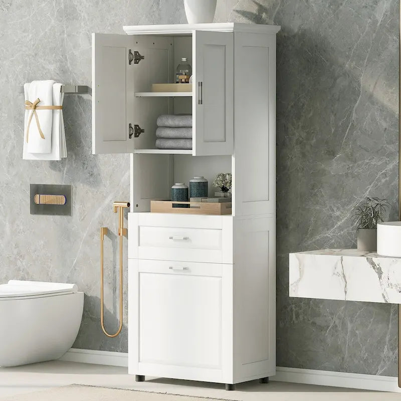 Meuble haut de salle de bain avec panier à linge, Grand espace de rangement, panier à linge inclinable et meuble de rangement supérieur, Blanc