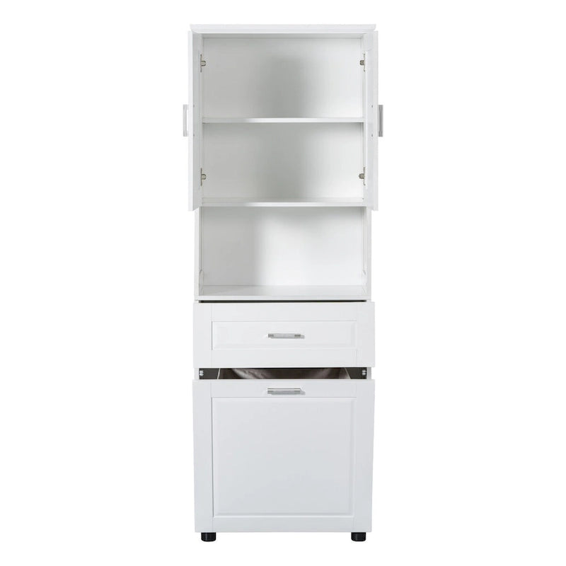 Meuble haut de salle de bain avec panier à linge, Grand espace de rangement, panier à linge inclinable et meuble de rangement supérieur, Blanc
