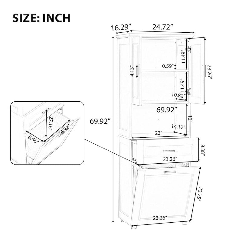 Meuble haut de salle de bain avec panier à linge, Grand espace de rangement, panier à linge inclinable et meuble de rangement supérieur, Blanc